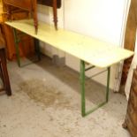 A rectangular painted pine Octoberfest table, on folding metal legs, L220cm, H77cm, D50cm