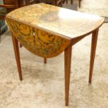 An Italian style mahogany bow-end Pembroke table, with allover floral decoration, raised on square