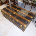 A Vintage steel-bound seaman's trunk, by The Miller Trunk Factory, W103cm, H36cm, D55cm (missing