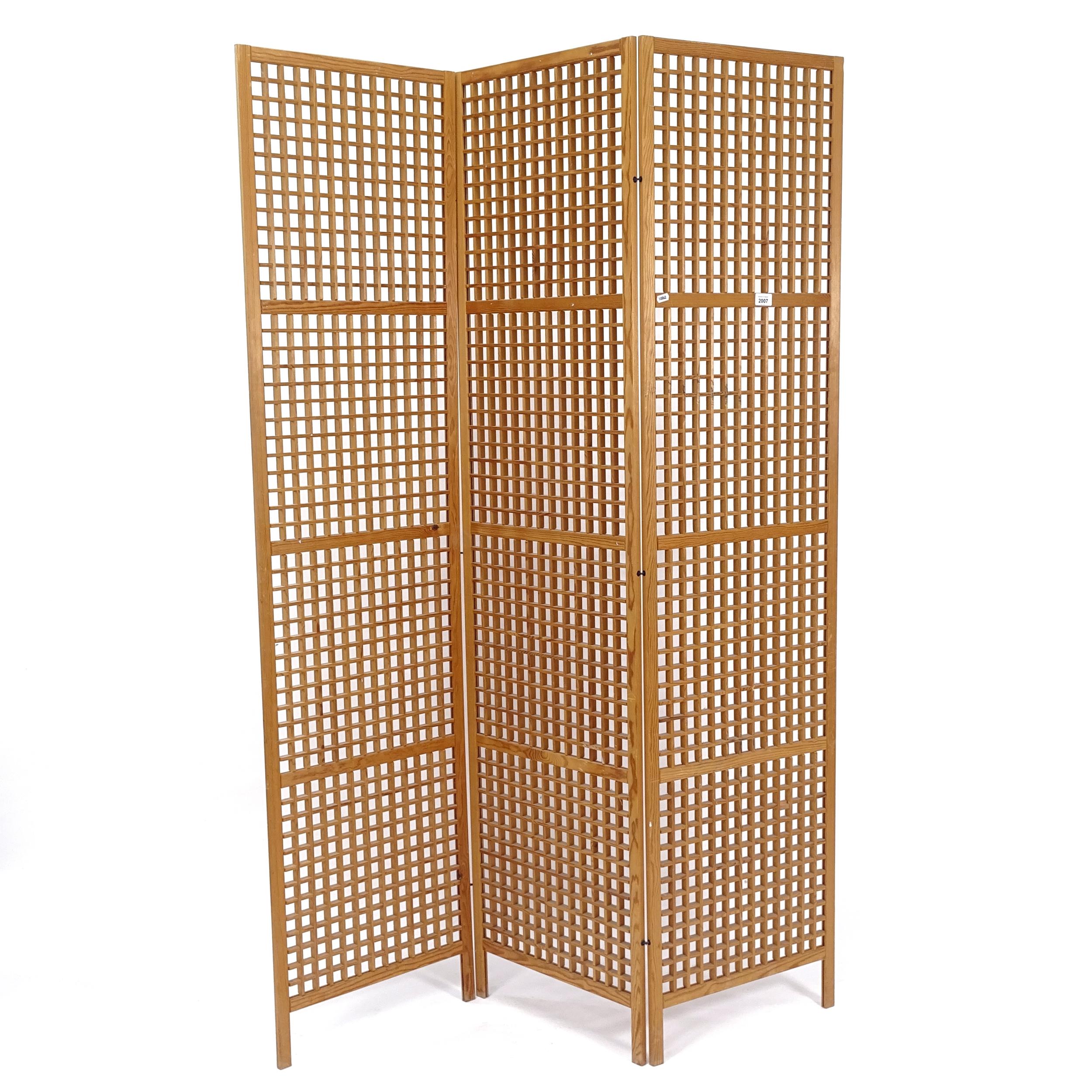 A pine 3-fold lattice panelled screen, H182cm