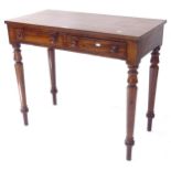 A 19th century writing table, with 2 frieze drawers on turned legs, W88cm, H76cm, D44cm