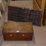 A Vintage stained pine toolbox, W55cm, H22cm, D31cm (1 handle missing), and a printer's tray