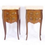 A pair of French walnut bedside chests, with shaped marble tops, 2 frieze drawers and ormolu mounts,