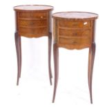 A pair of French oval walnut 3-drawer bedside chests, W37cm, H74cm