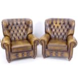 A pair of Thomas Lloyd studded brown leather upholstered wing armchairs, W96cm, H100cm, seat