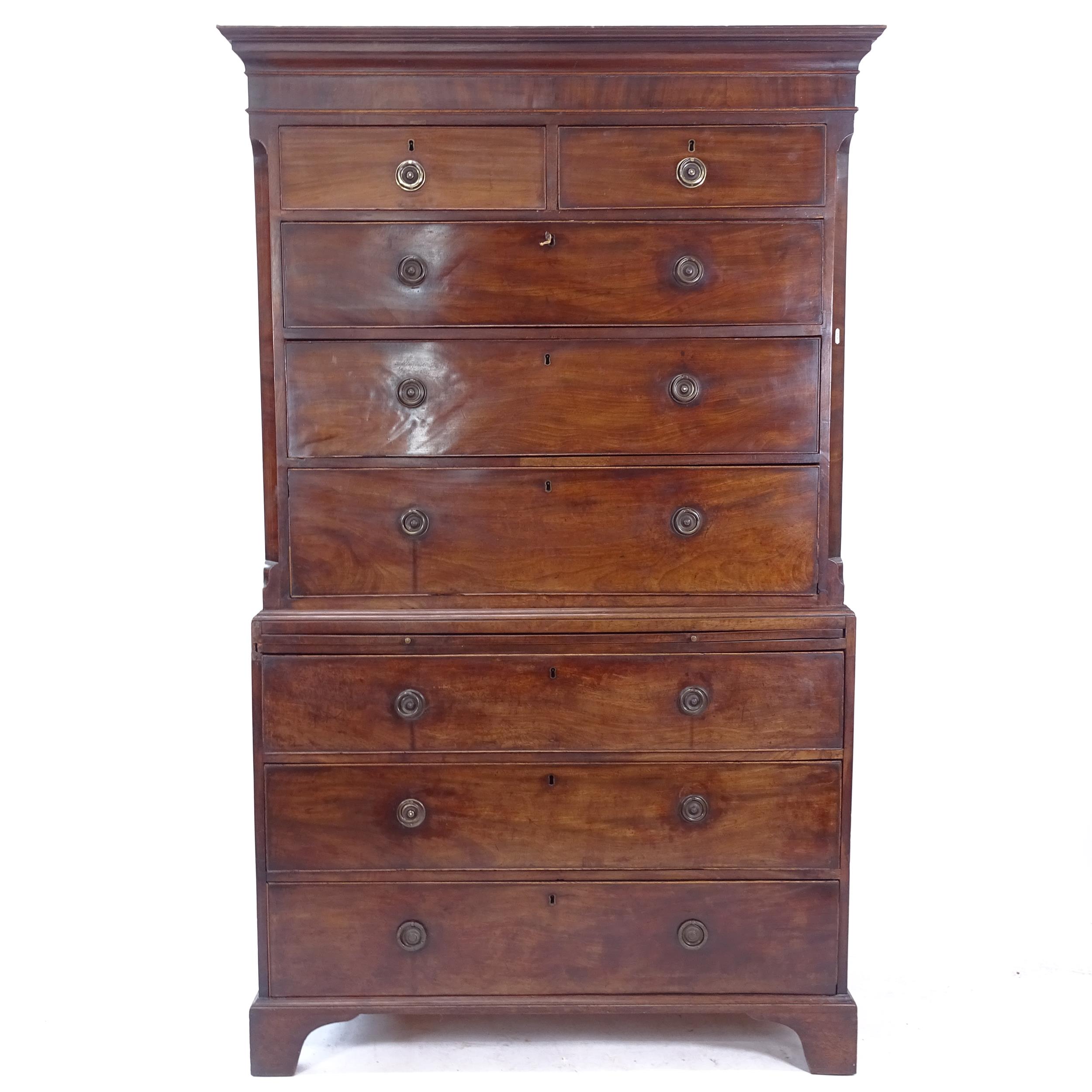 A George III mahogany chest on chest, with brushing slide, W108cm, H180cm, D55cm