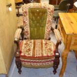 A Victorian walnut-framed and needlepoint upholstered open-arm chair