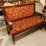 A stained wood pub upholstered bench, L122cm, H98cm, D53cm, seat height 45cm and depth 47cm