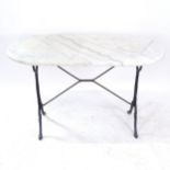 An white and grey veined oval marble-top garden table, on cast-iron base, W120cm, H74cm, D60cm
