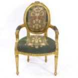 A Continental design giltwood salon open armchair, with Art Nouveau design upholstery