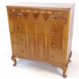 An Art Deco walnut veneered chest of 4 drawers, W92cm, H104cm, D50cm (back rail missing)