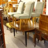 A mid-century bow-end dining table, with a single spare leaf, together with a set of 6 matching