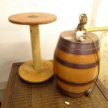 A large Vintage cotton reel, by Vermont S&B Company, dated 1914, and a ceramic keg design table lamp