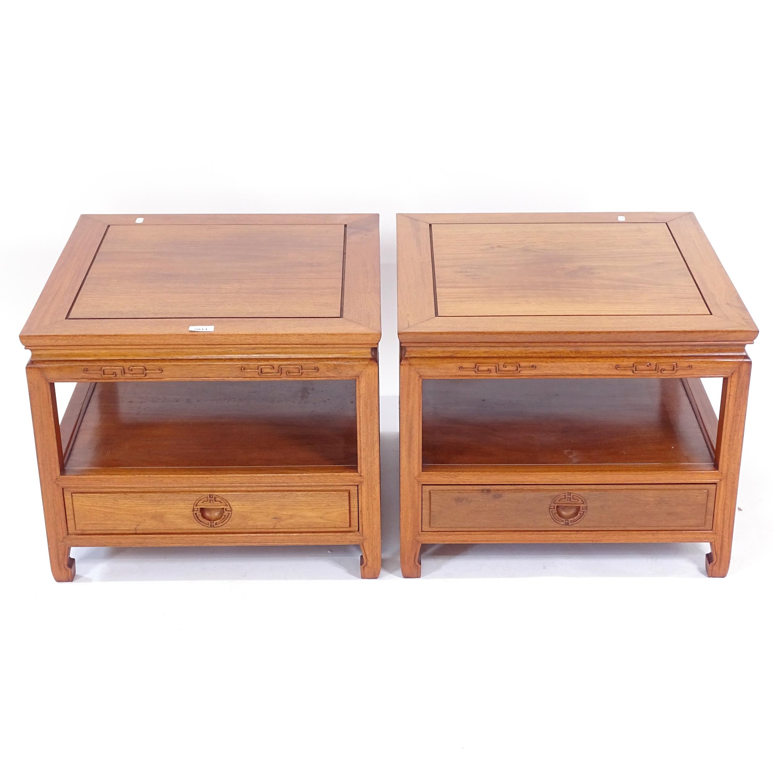 A modern pair of Chinese hardwood square 2-tier lamp tables, with drawers to the base, W56cm, H46cm