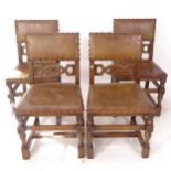 A set of 4 1920s oak dining chairs, with studded leather upholstery