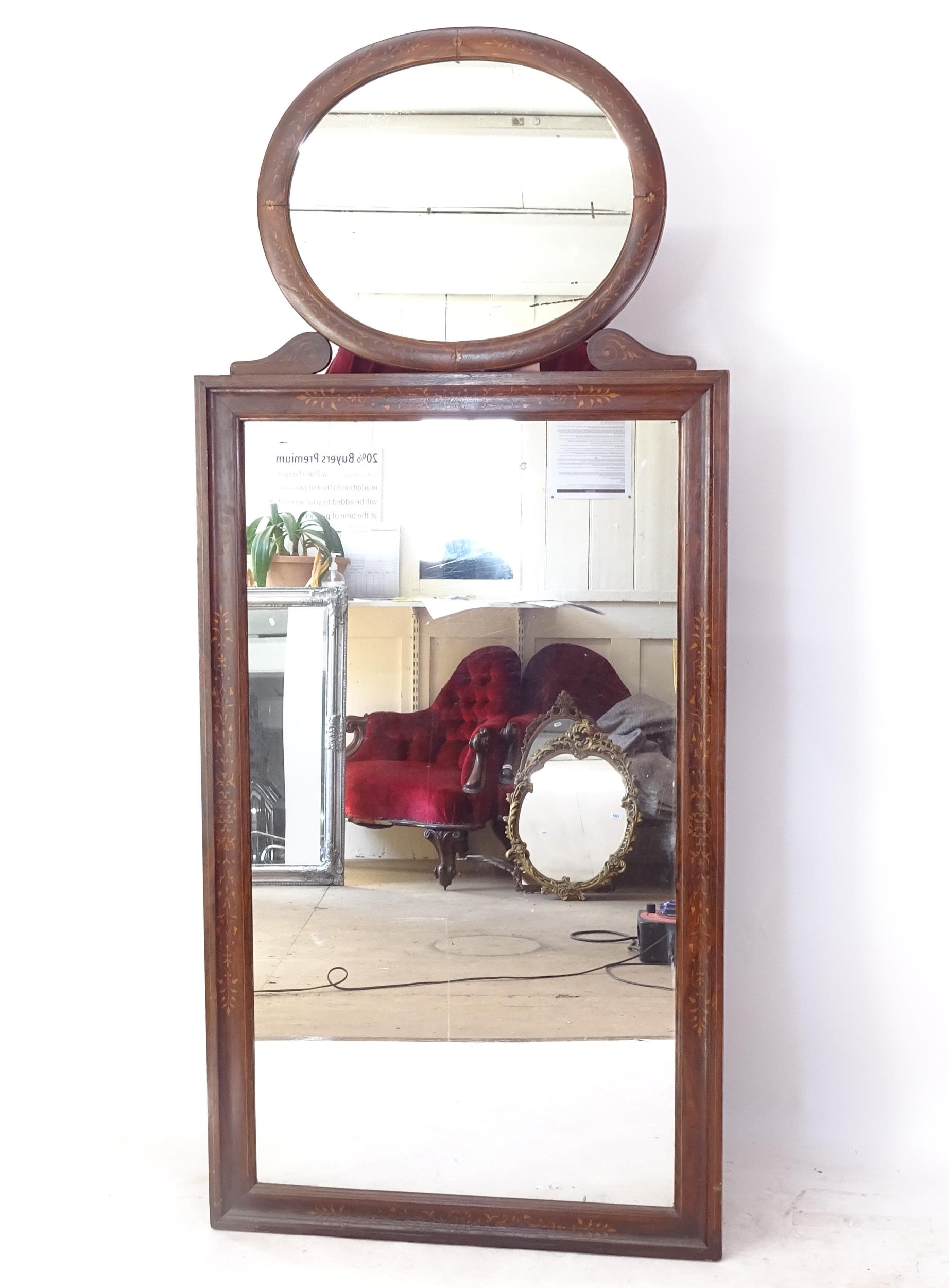 A 19th century rosewood and floral marquetry decorated 2-section wall mirror, W81cm, H187cm