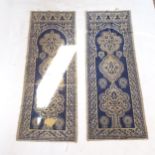 A pair of blue ground Persian silk prayer rugs, 160cm x 60cm Both are heavily worn in places, frayed