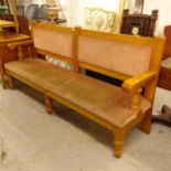 A large upholstered pub bench, L217cm, H102cm, D53cm, seat height 43cm and depth 51cm