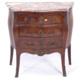 A Continental walnut commode of serpentine form, with shaped marble top, 3 drawers and ormolu