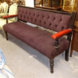 A stained wood and upholstered pub bench, L182cm, H100cm, D57cm, seat height 50cm and depth 46cm