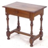 An Antique French fruitwood side table, with single frieze drawer, on turned legs