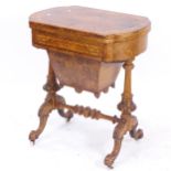A Victorian burr-walnut combination sewing/game-top table, the foldout top revealing the games