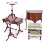 A group of small occasional tables, to include 2 mahogany wine tables, a small sofa table, a bow-