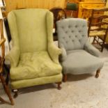 An Edwardian upholstered wing-back armchair, and another (2)