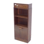 A small narrow oak open bookcase, with single drawer, W43cm, H104cm, D21cm