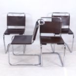 A set of 4 Marcel Breuer B33 style cantilever chairs, in thick brown leather with laced back,