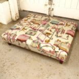 A large square stool on square tapered legs, with menagerie velvet upholstery, W116cm, H26cm