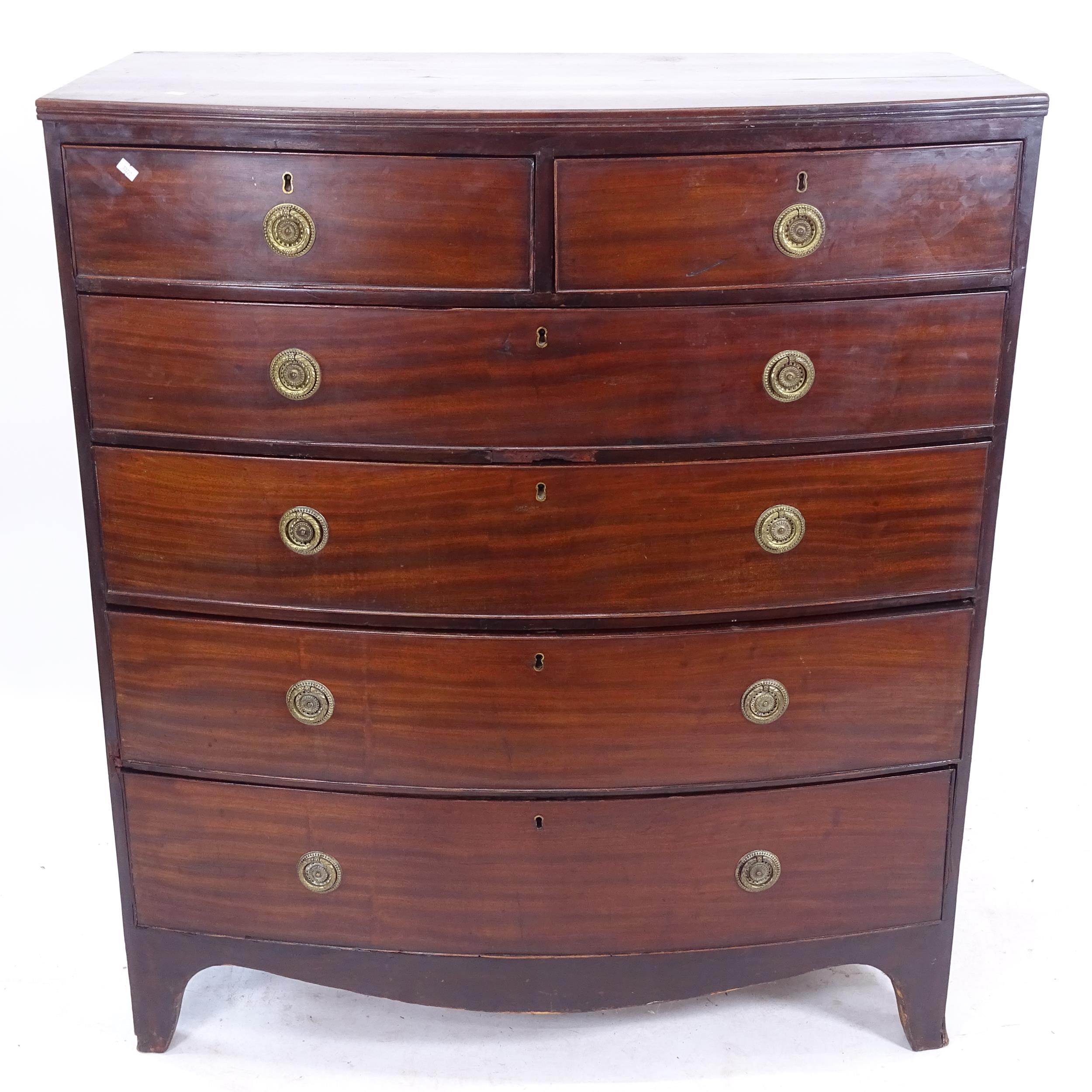 A Regency mahogany bow-front chest of 2 short and 4 long drawers, on bracket feet, W103cm, H118cm,