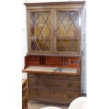 A reproduction 2-section secretaire bookcase, with lattice-glazed doors, and 3 drawers under, W99cm,