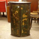 A 19th century green lacquered and chinoiserie decoration bow-front 2-door corner cupboard, W58cm,