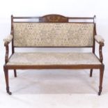 An Edwardian mahogany and satinwood-strung upholstered 2-seater settee, with marquetry decoration,