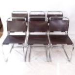 A set of 6 Marcel Breuer B33 style cantilever chairs, in thick brown leather with laced backs, circa