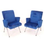 A pair of mid-century armchairs, recently re-upholstered, originally from the Curzon cinema