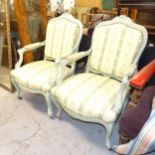 A pair of green painted and upholstered open-arm bedroom chairs