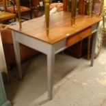 A mid-century kitchen table or desk with teak top, and single frieze drawer, W106cm, H76cm, D68cm