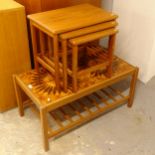 A mid-century teak and tile-top rectangular coffee table, and a nest of 3 teak occasional tables