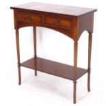 A reproduction mahogany satinwood-strung hall table, with 2 frieze drawers, W67cm, H76cm, D33cm