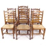 A set of 6 North Country style ash ladder-back dining chairs with rush seats (4 and 2)