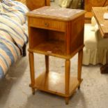 A French walnut and satinwood-banded marble-top bedside cabinet, with single drawer, W45cm, H82cm,