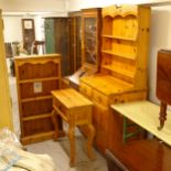 A 1-piece pine kitchen dresser, pine open shelves, and a pine singled-drawer side table (3)