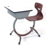 A Belgian industrial style school desk, with bent-ply seat, label for D. Lesage, W55cm, H73cm, D40cm