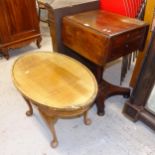 A 19th century mahogany drop leaf sewing table, and a 1930s walnut oval occasional table