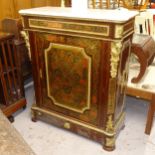 A reproduction mahogany and ball marquetry pier cabinet, with shaped marble top, single panelled