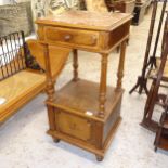 A French oak and marble-top bedside table, W43cm, H87cm