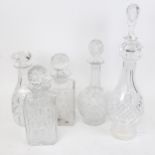 6 glass decanters and stoppers, including Thomas Webb square section pair