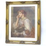 A large ornate gilt frame, with coloured print of seated girl, overall 90cm x 75cm